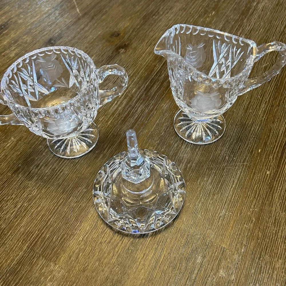 Vintage Cut Crystal Creamer & Covered Sugar Bowl Set Etched Rose Footed Floral